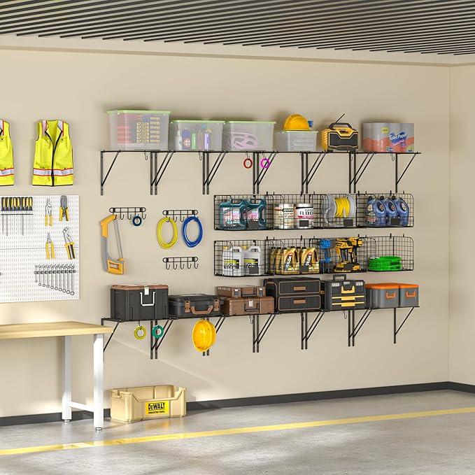 2 Pack Garage Shelves Wall Mounted with Wire baskets, Heavy Duty Garage Wall Shelving with Hooks, Wire Shelf Baskets Tool Organizer for Home Garden Garage Organization and Storage