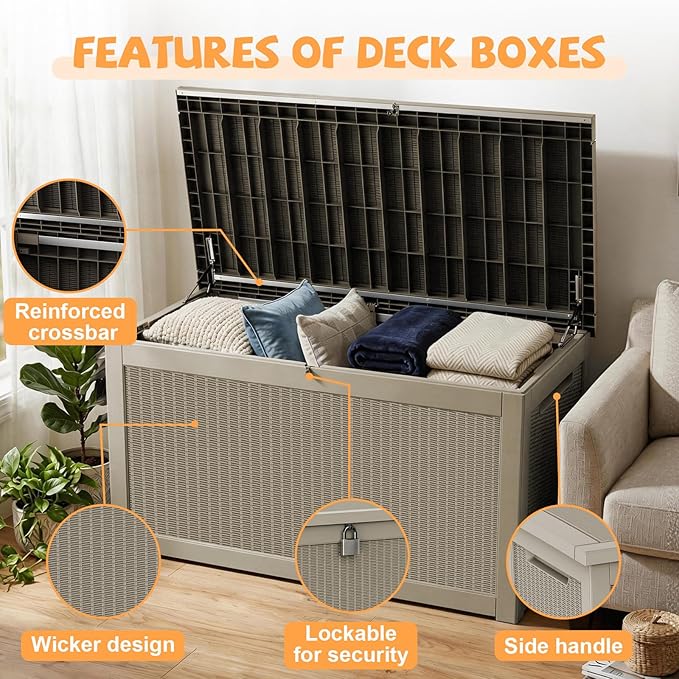 320 Gallon Outdoor Storage Deck Box Waterproof Resin Lockable Outside Bench Porch Patio Furniture Pool Float Garden Tool Cushion UV Resistant Bin Beige