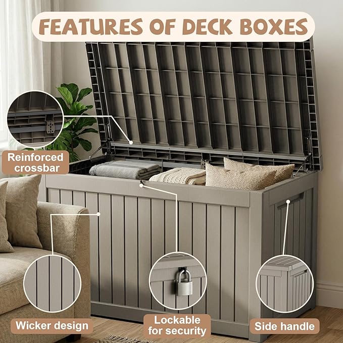 280 Gallon Outdoor Storage Deck Box Waterproof Resin Lockable Outside Bench Porch Patio Furniture Pool Float Garden Tool Cushion UV Resistant Bin Beige
