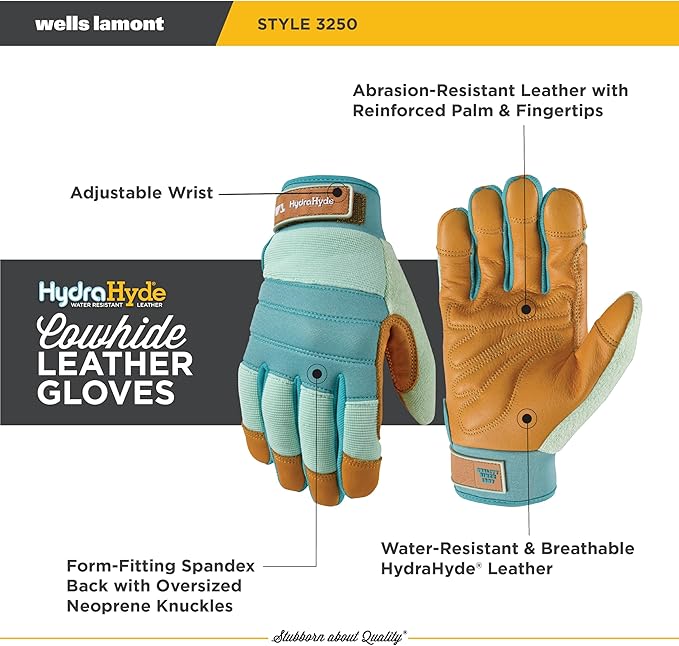 Wells Lamont Women's HydraHyde Leather Hybrid Gloves–Water-Resistant, Durable Cowhide Palm, Spandex Stretch Back–Ideal Landscaping/Gardening Gloves–Adjustable Wrist Medium, Blue (3250M),(Pack of 2)