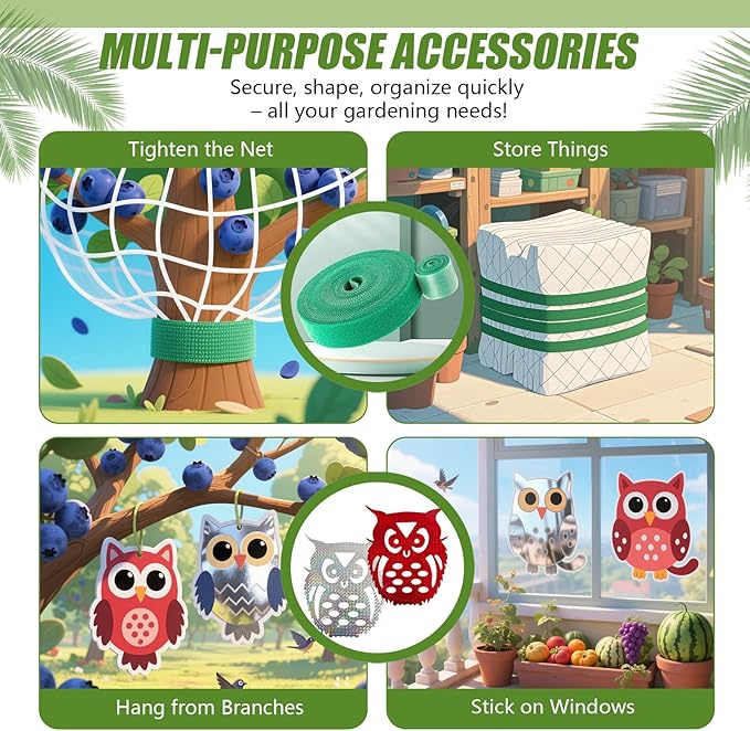 Fruit Tree Netting Cover with Drawstring, 2 Pack 4.9x6.2 ft Bird Barrier Mesh for Blueberry Bushes/Vegetables, Bonus 4 Owl Scare Tapes & 2 Fastening Straps