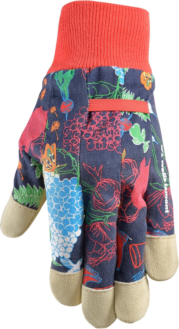 Wells Lamont Women's Leather Palm Garden Print Fabric Gardening Gloves, Navy, Medium (4180M-990)
