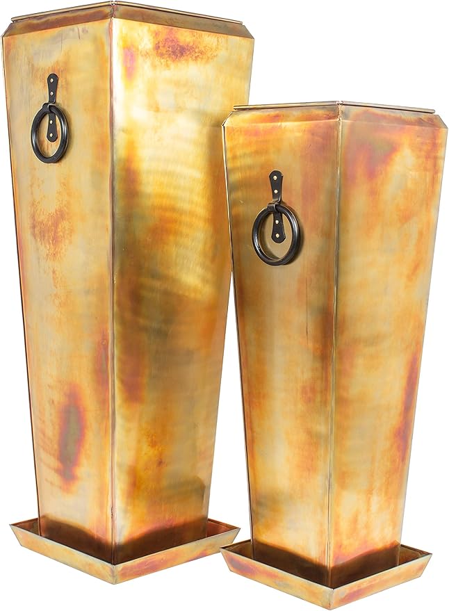 H Potter Tall Copper Planters Set of 2 – Rustic Copper Hammered Stainless Steel Indoor Outdoor Planter with Insert, Drainage, Drip Trays – Large Decorative Floor Planters for Entryway Porch Patio