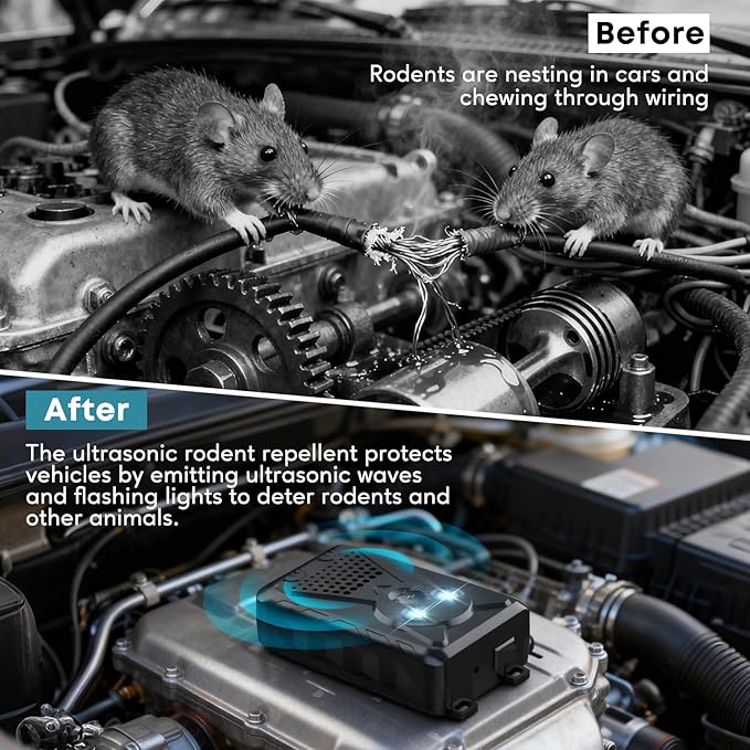 Ultrasonic Pest & Rodent Mouse Repellent, Plug-in Electronic Rat Squirrels Bat Bug Spider Repeller, Battery Operated Deterrent Control Mice for Car Engines, Replace Mouse Traps Indoor, Outdoor 1 Pack
