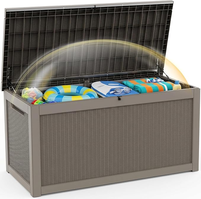 EFU Outdoor Storage Box 320 Gallon Deck Box (Indoor & Outdoor) Lockable UV Resistance Waterproof Resin Storage Bin Storage Box for Outdoor,Patio Storage With Support Rod(Taupe)