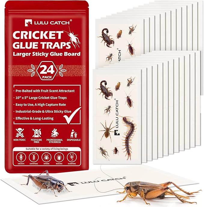 LULUCATCH Cricket & Insect Glue Traps 24 Pack, Adhesive Bug Catcher, Pre-Baited Spider Scorpion Trap, Non-Toxic Glue Boards Indoor for Home Catching Bugs, Mice & Rodents, Pet Safe Pest Control