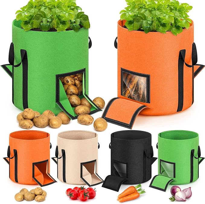 4 Pcs Upgraded 10 Gallon Potato Grow Bags with Harvest Window & Visible Window, Sturdy Handle, Thickened Non-Woven Planter Pots Potato Growing Container for Tomato Vegetable (Multicolor)