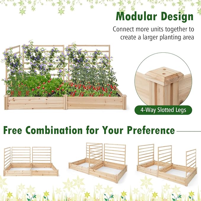 Raised Garden Bed with 3 Trellises, 2 Large Wooden Planter Boxes with Trellis for Vine Climbing Plants Flowers, Modular Design for Outdoor Garden Patio Backyard, 88"L x 45"W x 43"H, Natural