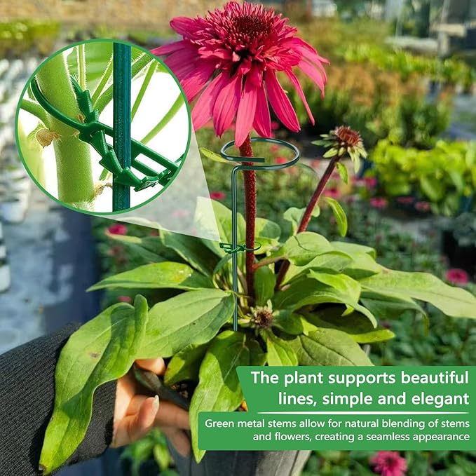 Huakaile 4 Packs Adjustable 23.6" Plant Stakes and Supports with 30 Pieces 9" Twist Ties, Green Plant Holder Stick Outdoor Indoor, Metal Flower Support Stakes Rings for Gardens Vegetables (60 cm)