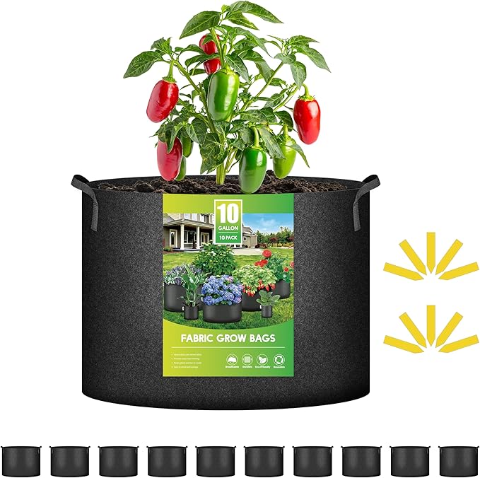 iPower 10 Pack 10 Gallon Grow Bags 300G Thickened Sturdy Plant Fabric Pots with 10 Labels and Handles, Aeration Garden Cloth Planter Bag for Outdoor Fruits, Vegetables and Flowers