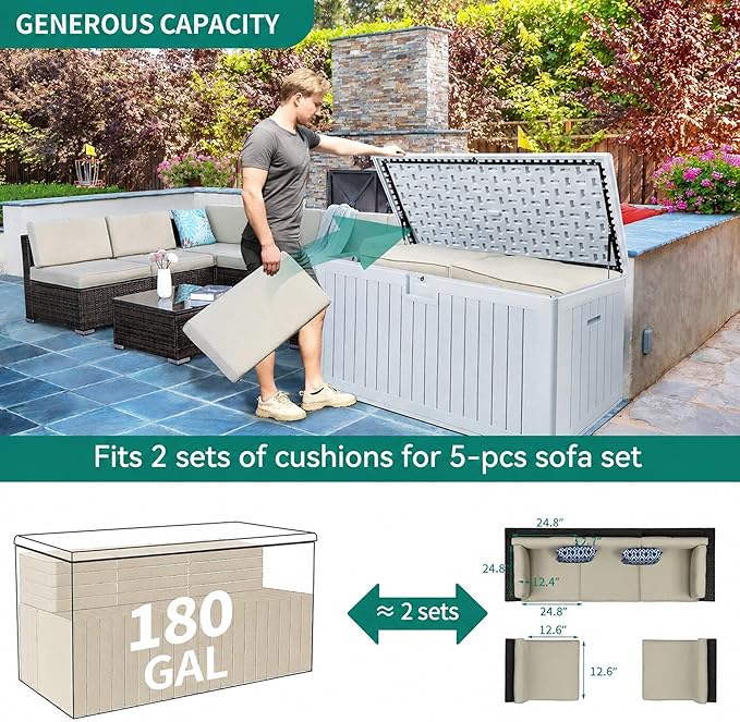 YITAHOME XL 180 Gallon Large Deck Box,Outdoor Storage for Patio Furniture Cushions,Garden Tools,Waterproof,Lockable (White)
