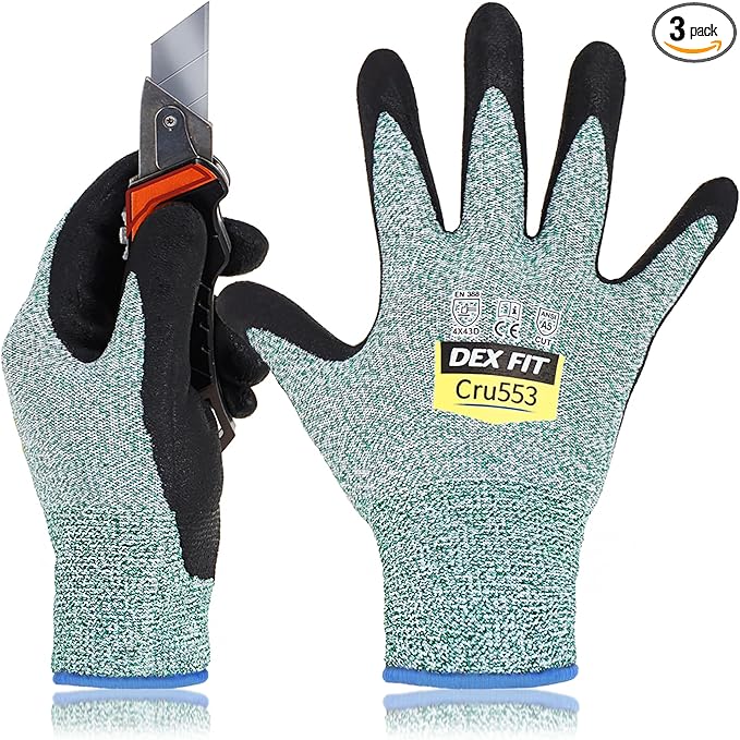 DEX FIT Level 5 Cut Resistant Gloves Cru553, 3D-Comfort Fit, Firm Grip, Thin & Lightweight, Touch-Screen Compatible, Durable, Breathable & Cool, Machine Washable; Green L (9) 3 Pairs
