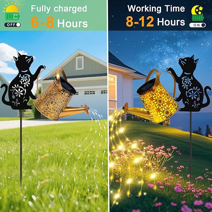 ZFNN Solar Garden Decor Lights, Outdoor Waterproof Solar Watering Can with Cascading Lights, Metal Cat Silhouette Stake Yard Art for Outside Lawn Patio, Unique Gardening Gifts for Women Mom
