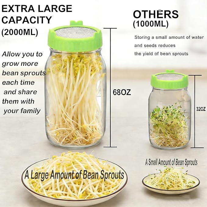  [Large Size] 68oz Sprouting Kit, 2 Sprouting Jar Kits, Wide Mouth Jars with Stainless Steel Screen Sprout Lid, 2000ml Sprouts Growing Kit, Seed Sprouter Set for Growing Broccoli, Bean, Alfalfa ﻿