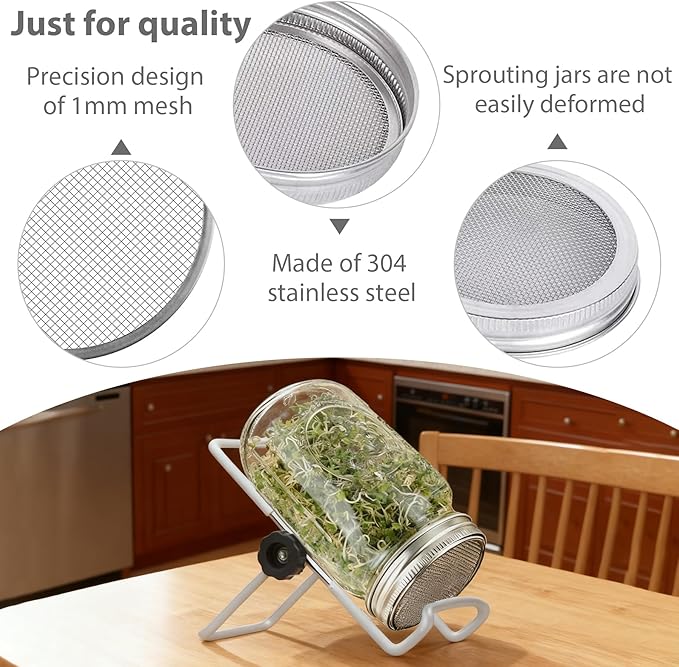 Seed Sprouting Jar Lid Kit with 9 Pack Stainless steel filter sheet and 4 Pack Stainless Steel Sprouting Stands for 86mm Wide Mouth Mason Jars for Growing Organic Sprouts 316 Stainless Steel（6 Pack）