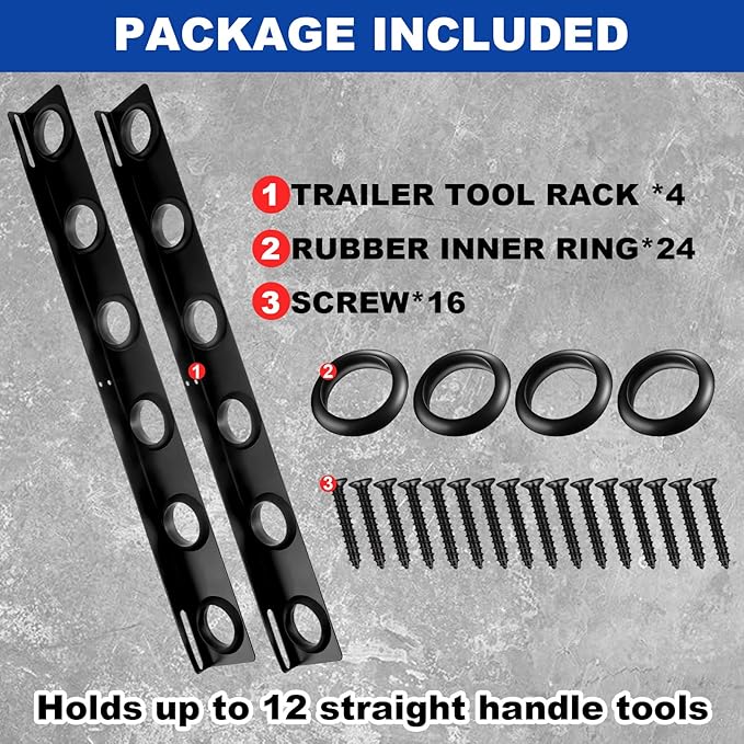 Dunzy 4 Sets 6-Tool Landscape Trailer Rack for Lawn Equipment 6 Hole Hand Tool Storage Rack Landscaping Shovel Holder for Truck with Rubber Grommets and Mounting Hardware Accessories, Black