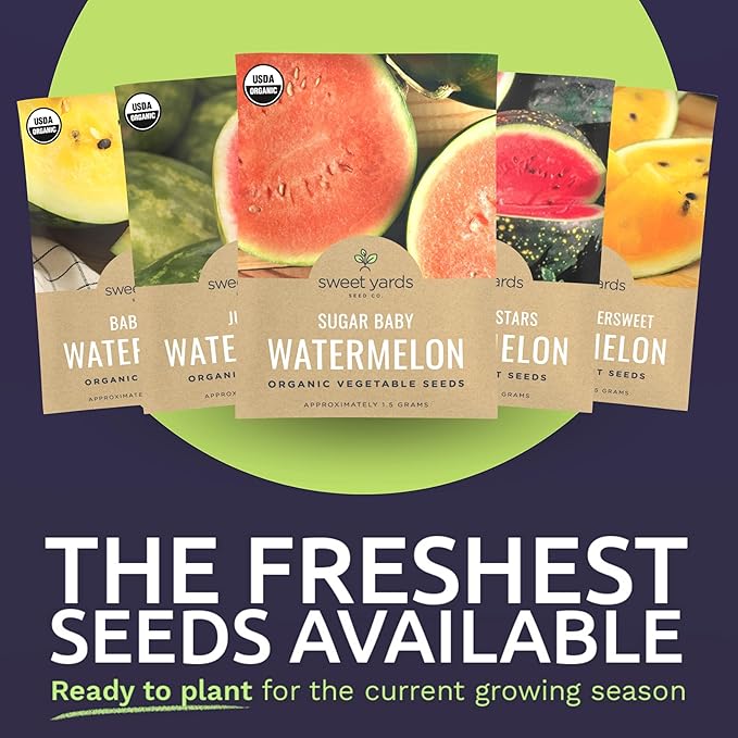 Organic Watermelon Seeds Variety Pack - 6 Individual Packs - 2026 Season - Sugar Baby, Orange Tendersweet, Jubilee and More! for Indoor & Outdoor Planting (Non-GMO, Certified Organic)