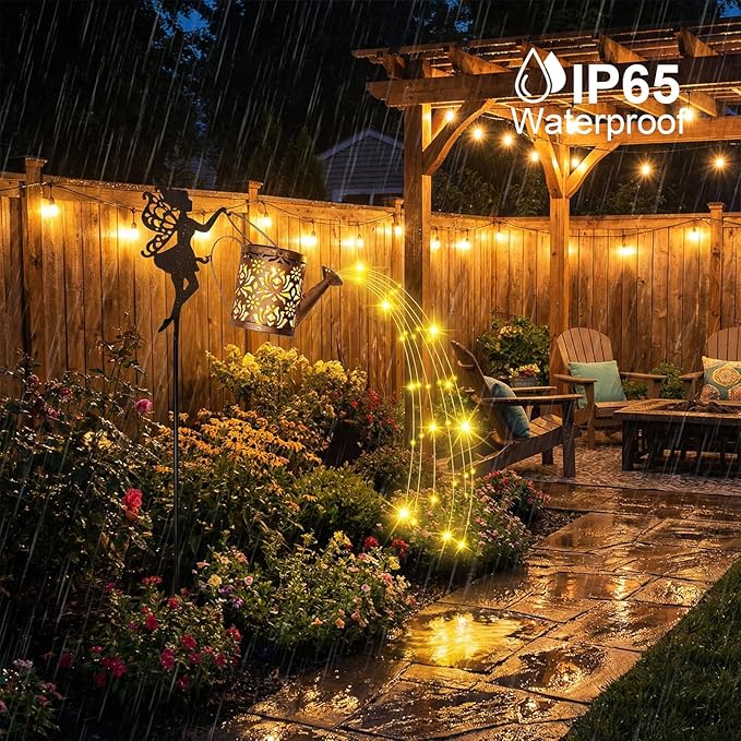 Solar Watering Can with Cascading Lights Outdoor Garden Decor,Waterproof Solar Lantern with Fairy Shepherd Hook,Solar Fairy Lights Outdoor Decoration,Unique Garden Gifts for Women