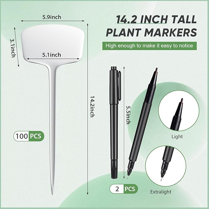 Weysat 100 Pcs 14.2 Inch Plastic Labels Plant Tags T Type Plant Markers with Pen for Outdoor Indoor Garden Pot Herbs Flowers Vegetable