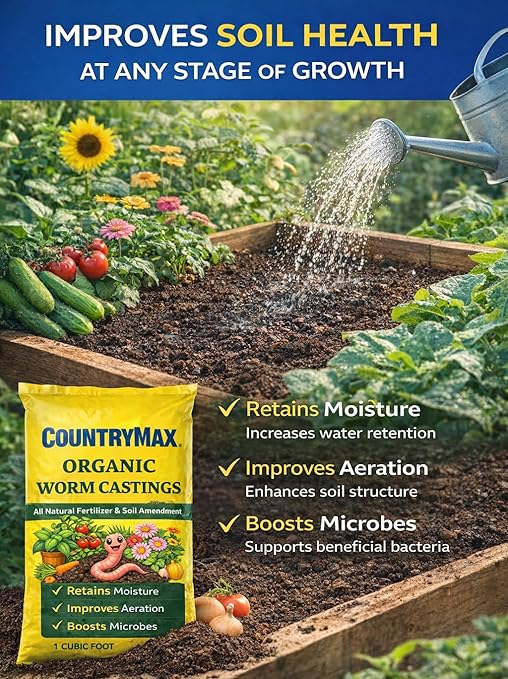 CountryMax Organic Worm Castings 8 Quart – All Natural Fertilizer for Strong Root Development, Ideal for Houseplants, Flowers & Vegetables, Chemical-Free Soil Amendment