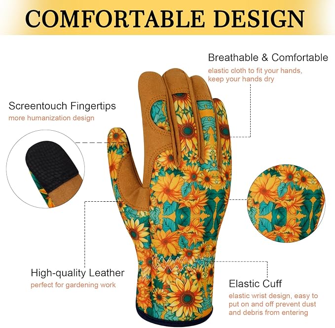 Leather Gardening Gloves for Women Thorn Proof Garden Gloves Touch Screen Working Gloves Gifts,M
