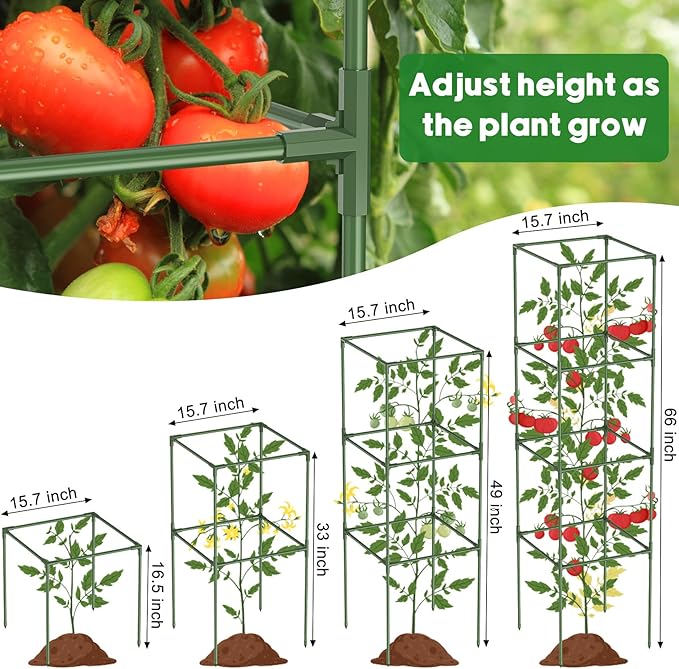 Unves 3 Pack Tomato Cage for Garden, 16" W x 66" H Square Tomato Trellis Plant Support Frame with 50 Pcs Plant Clips, Suitable for Climbing Vegetables, Flowers, and Fruits