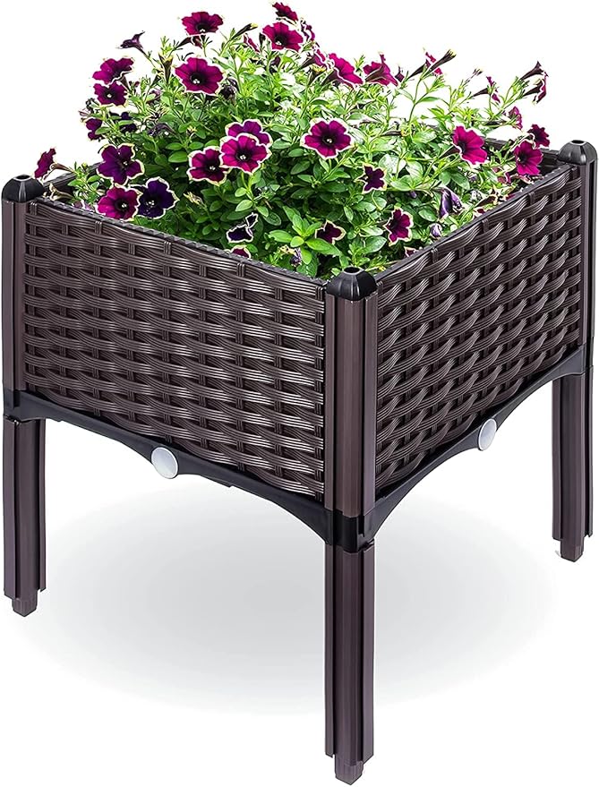 Raised Garden Planter, Resin, Elevated Flower Bed Box Kit for Vegetable, Flower, Herb Gardening | 16" X 18", Wicker Pattern, Brown