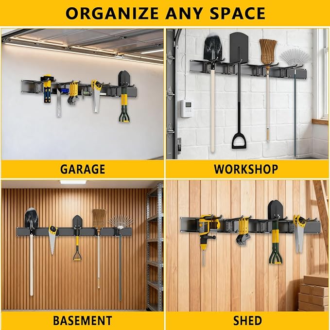Garage Tool Organizer Wall Mount, 64inch Heavy-Duty Garage Storage System and Garden Tool Organizer with 12 Adjustable Hooks for Shovel, Snowboard, Yard Tools and Shed