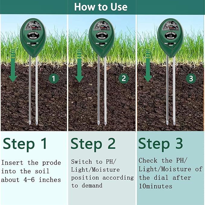 Soil PH Meter, Upgrade 3-in-1 Soil Teater Kit with Moisture, Light and PH Test, Gardening Tool Kit for Garden, Farm, Lawn, Plant, Indoor & Outdoor