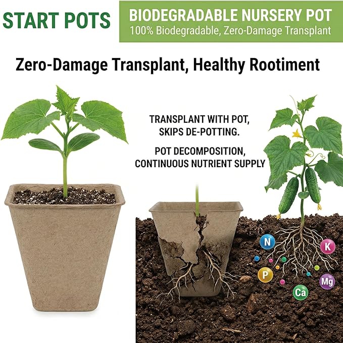NEWMIAO 60 Pack 3.15 Inch Square Peat Pots, Biodegradable Seed Starter Pots for Seedlings with Single Drainage Hole, Square Nursery Pots Germination Kit Including 100 Plant Labels