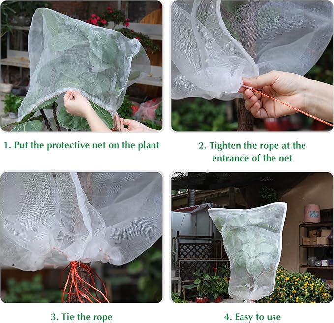 Kikhope 5 Pcs Insect Bird Barrier Netting Mesh with Drawstring- 41"x27" Garden Netting Pest Barrier Plant Cover- Fruit Tree Net for Protect Plant Fruits Flower Vegetables from Insect Bird Eating