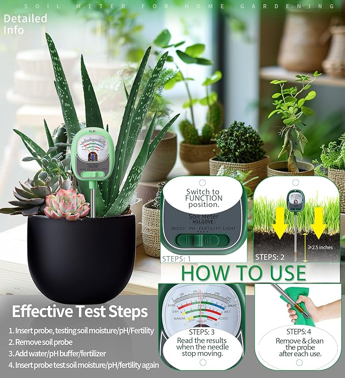 HSLGOVE 4-in-1 Soil Test Kit – Soil Moisture Meter, pH, Fertility & Sun-Light, No Battery Required, Large Dial Soil Tester for Indoor & Outdoor Gardening, Lawn, Farm –Tea Green