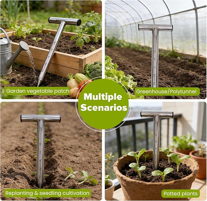 Dibbler Gardening Tool Stainless Steel, Hand Dibber Seed Planter Tool, T-Handle Bulb Planter Tool, Hand Held Hole Digger for Tulip Garden Tool