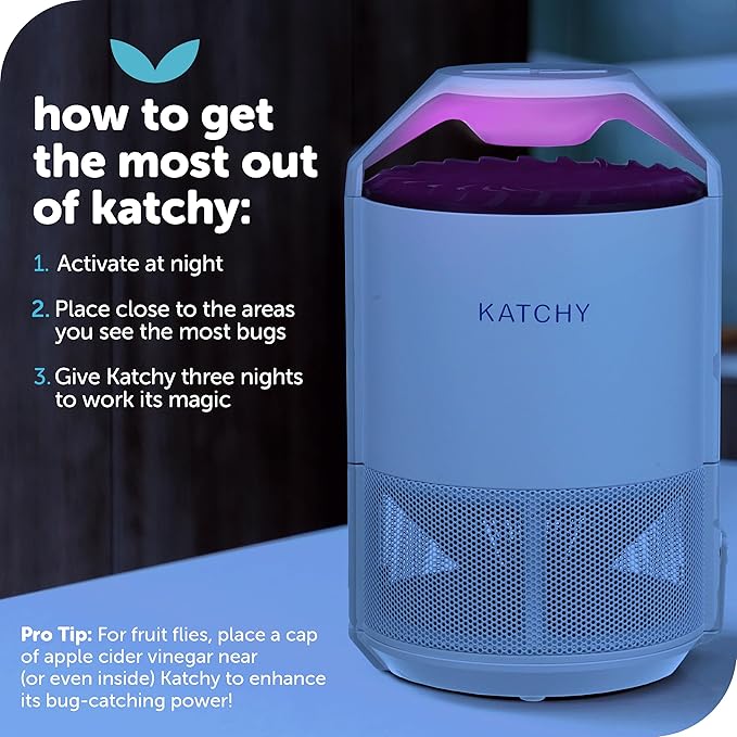 Katchy Indoor Fly Trap– Catcher & Killer for Mosquito, Fruit Fly, Gnat & Small Moth – Non-Zapper Trap with Fan Suction & Blue UV Light – Ideal for Indoor Spaces, Kitchen & Plants (Original, White)