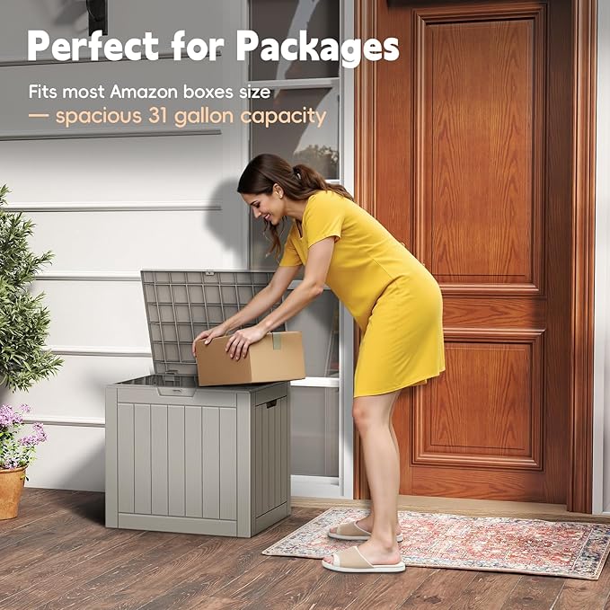 Outdoor Storage Box, Waterproof Deck Box, Outdoor Patio Storage Bin, Weatherproof (Grey, 31 Gallon)