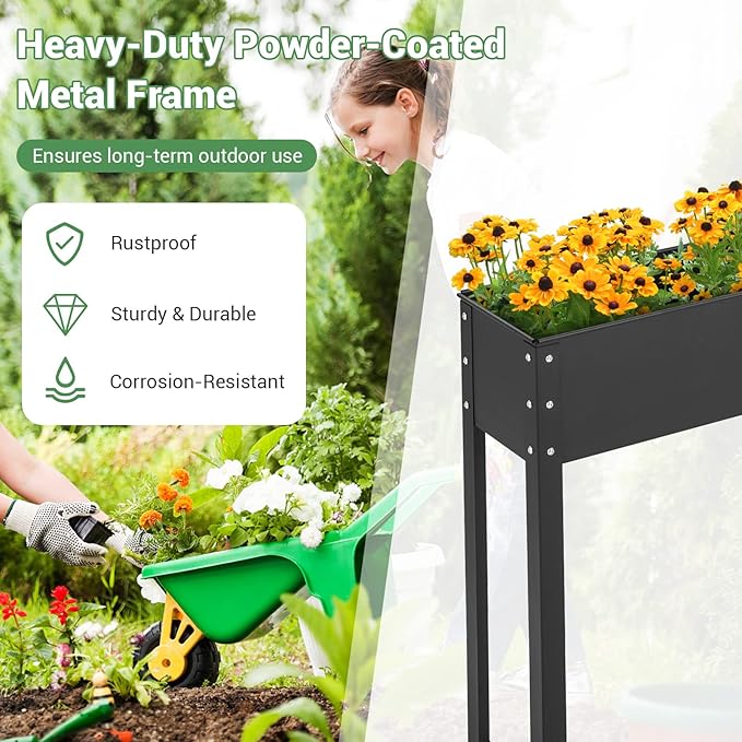Giantex Raised Garden Bed, Metal Planter Box with Legs, Drain Hole, Outdoor Indoor Elevated Garden Box for Vegetable Flower Herb Fruit, Standing Raised Beds for Backyard Porch Balcony Black