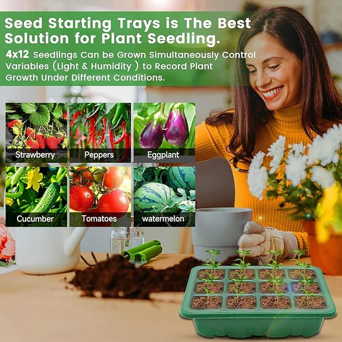 Seed Starter Tray with Grow Light，Seed Starter Kit with Timing Controller Adjustable Brightness, Heightened Lids Growing Trays for Greenhouse & Gardens，4 Pack (Green)