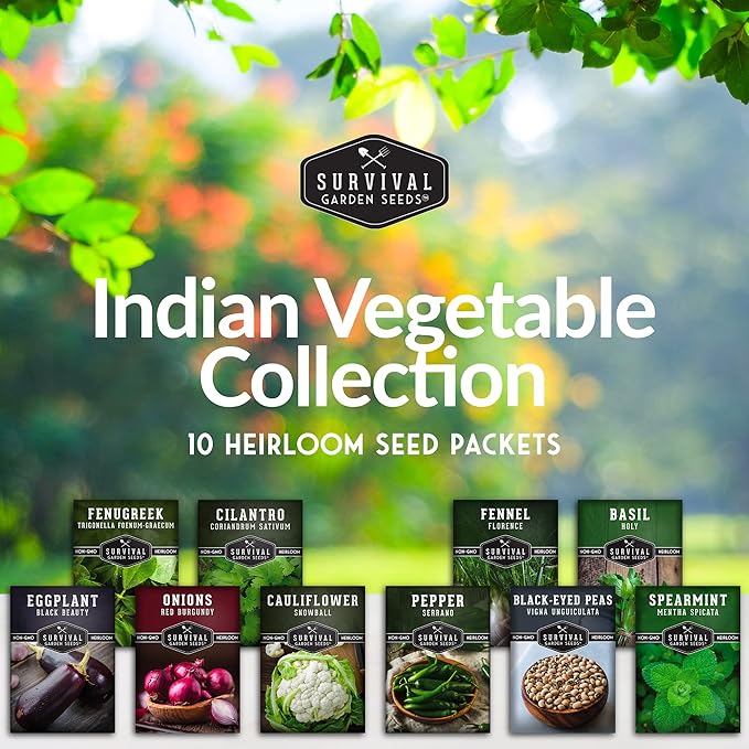 Indian Vegetable & Herb Seeds Variety Pack - 10 Heirloom Varieties for Planting, Kitchen Gardens, & Cooking - Includes Tulsi (Holy Basil), Methi (Fenugreek), & Eggplant - Survival Garden Seeds