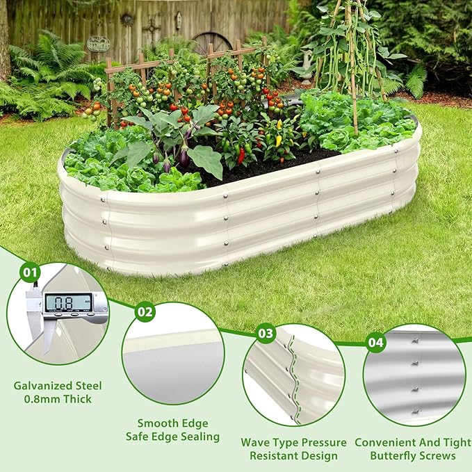 TBMLC Oval Galvanized Planter Box, Metal Raised Garden Bed - 0.8MM Thick- Ideal for Outdoor Gardening and Planting of Vegetables Flowers Fruits Succulent Plants and Others (White, 5X2.7X1 FT)