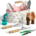 9-Piece Garden Tool Set, Heavy Duty Stainless Steel Rust-Proof Ｇardening Ｋit with Ergonomic Wood Handles, Durable Metal Organizer Basket with 4 Compartments, Gardening Gift for Women, Mother