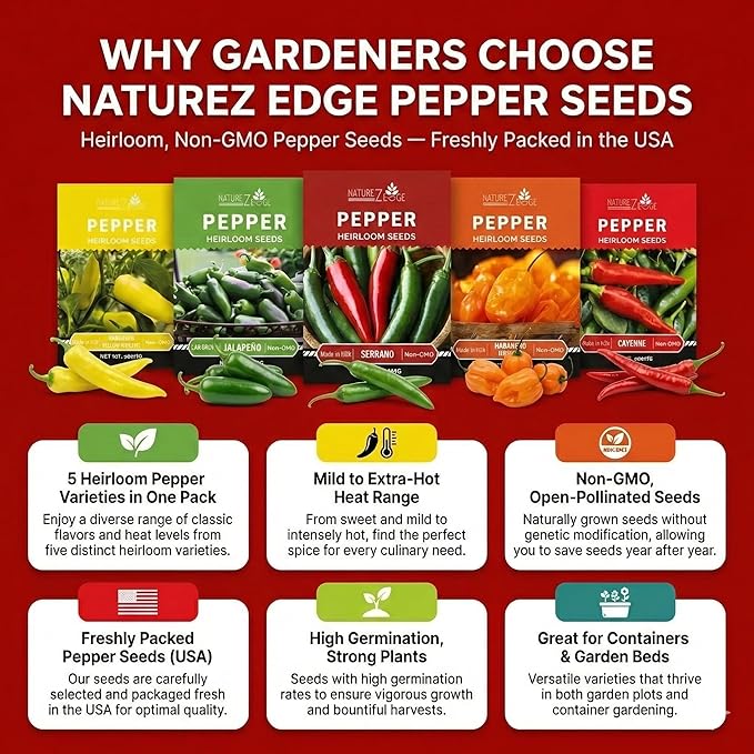 Hot Pepper Seeds for Planting, Cayenne, Hungarian Yellow, Jalapeno, Serrano, Habanero Orange, Heirloom Pepper Seeds Variety Pack, NonGMO, Made in USA