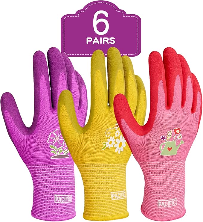 PACIFIC 6 Pairs Gardening Gloves for women, Rubber Coated Garden Gloves, Ladies Yard Work Gloves, Breathable, Purple & Yellow & Red, Small