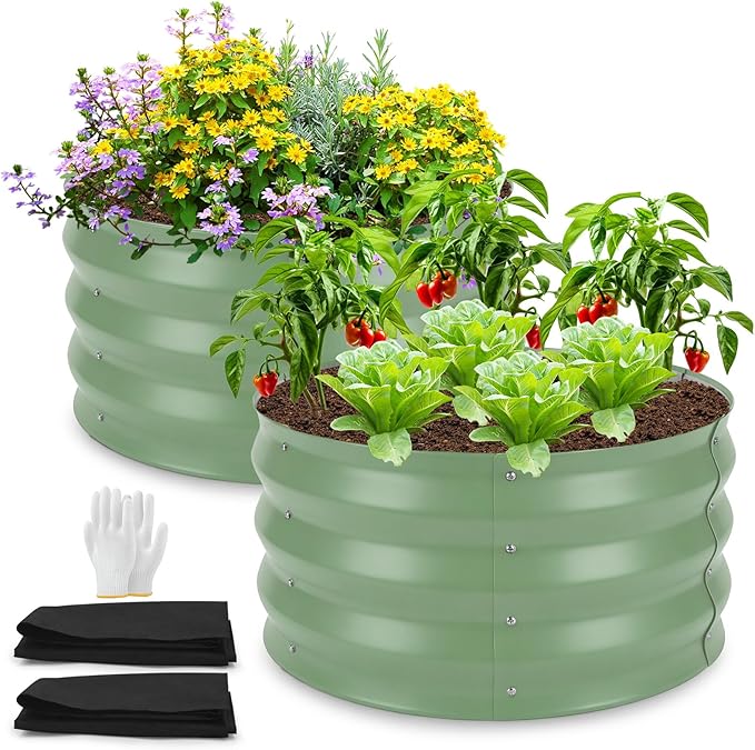 Round Metal Raised Garden Bed 2 Pack with Fabric Liners, 2 ft × 2 ft × 1 ft, Outdoor Planters for Backyard, Patio & Garden (sage Green)
