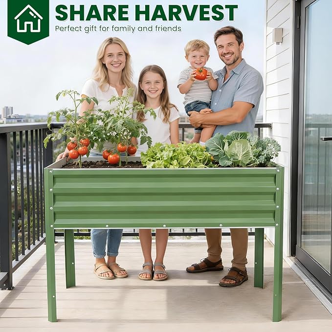 1MORE Elevated Raised Garden Bed with Legs, 48×24×32in Large Metal Raised Bed for Backyard, Patio, Balcony. Raised Planter Box with Drainage Holes for Plants Vegetables Flowers Fruits.Green-1pcs