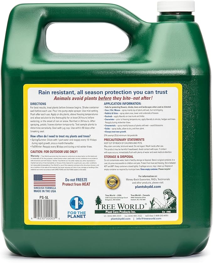 Plantskydd Animal Repellent - Repels Deer, Rabbits, Elk, Moose, Hares, Voles, Squirrels, Chipmunks and Other Herbivores; Ready to Use Liquid - 1.3 Gallon Jug (PS-5L)