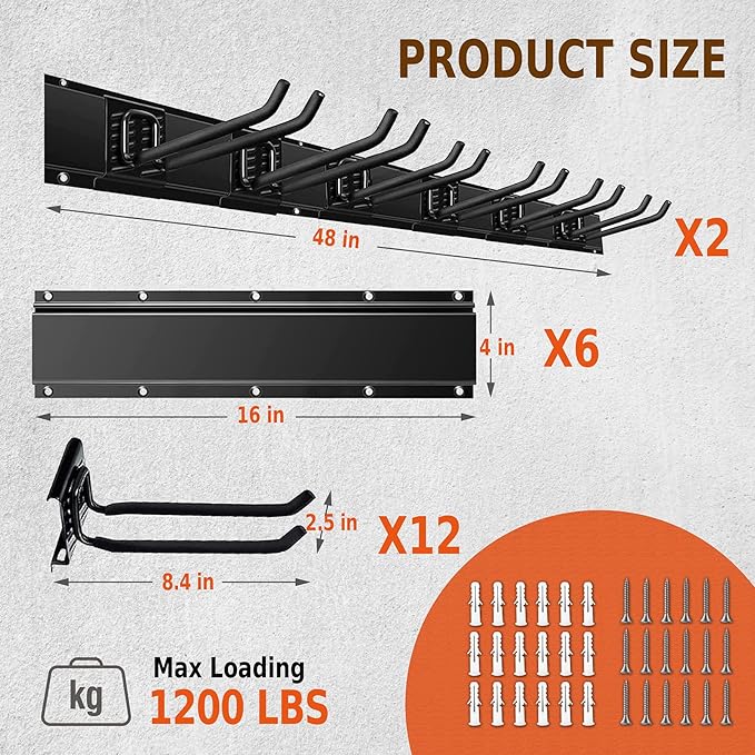 Charmount 96" Garage Storage Wall Organizer with 1200lbs, 12 Hooks Broom Holder Wall Mount, Garden Tool Organizer, Easy Installation Tool Storage to Accommodate Brooms, Hoses, Yard Tools and More