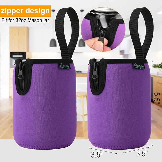Beautyflier Mason Jars 32oz Wide Mouth Sleeve Regular Mouth Mason Jars Insulators Drinking Glass Coolers Sprouting Jars Blackout Sleeve (Purple)