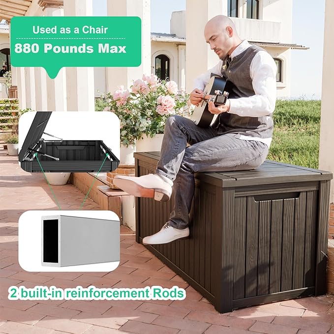 ROJIK 200 Gallon Waterproof Outdoor Deck Storage Box, Lockable Resin Patio Storage Bin with Lid for Garden Tools, Patio Cushions & Outdoor Accessories(Black)