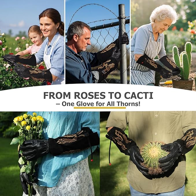 Long Leather Thorn Proof Gardening Gloves for Women/Men, Great for Rose Pruning, Cactus Handling, Weeding, Heavy Duty Gauntlet, Garden Gifts for Gardener (Western Style, Medium)