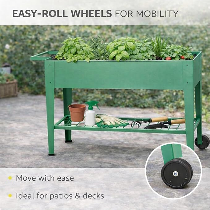 InSideOut Elevated 40" Raised Garden Bed Outdoor with Wheels & Shelf for Mobility, Metal Planter Box for Vegetables/Herbs, Patio-Balcony-Backyard (Sage Green)